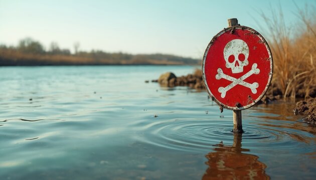 Warning sign with skull and crossbones placed in murky water near grassy shore. Sign indicates toxic hazard or poison in the river. Danger and caution notice.
