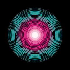 Fototapeta premium A captivating abstract circular design features concentric rings of vibrant magenta and teal segments radiating from a bright central light, evoking digital energy.