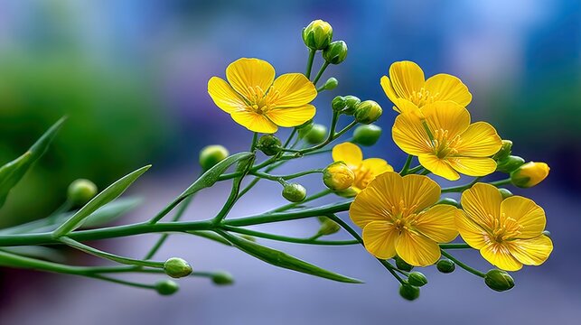 Close-up of vibrant yellow buttercup flowers in full bloom, with green stems and buds, set against a soft, blurred background.