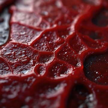 Red organic texture with liquid drops on surface. Macro view of bloody flesh human tissue structure. Seamless cellular pattern works as abstract science background. Alien skin with biological cell
