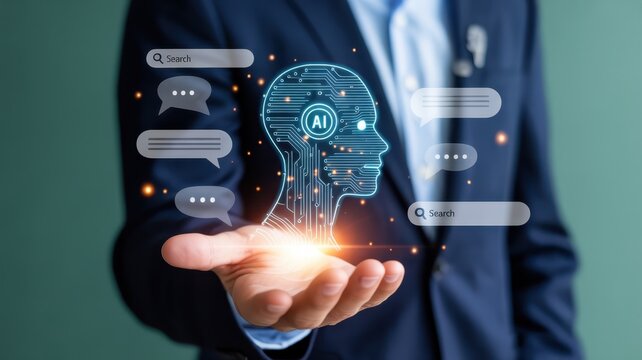 Professional presenting glowing digital brain interface with communication bubbles above open palm