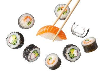 Glistening salmon nigiri held by chopsticks, dynamic falling California and maki sushi rolls with vibrant ingredients, black tobiko, sesame, chives on white background, copy space. Concept of premium