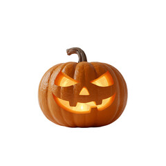 Spooky carved halloween pumpkin with a glowing orange light inside isolated on transparent background