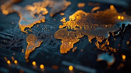 A glowing world map is rendered on a circuit board, representing technology and global connectivity.