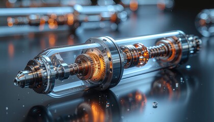 Detailed view of complex mechanical engine gears and pistons inside a transparent cylindrical casing glowing orange