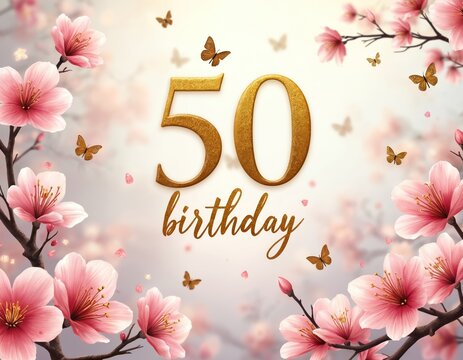 Golden number 50 and text birthday overlayed on pink cherry blossoms and fluttering butterflies. Elegant design for special fifty year celebration. Floral art suitable for invites.