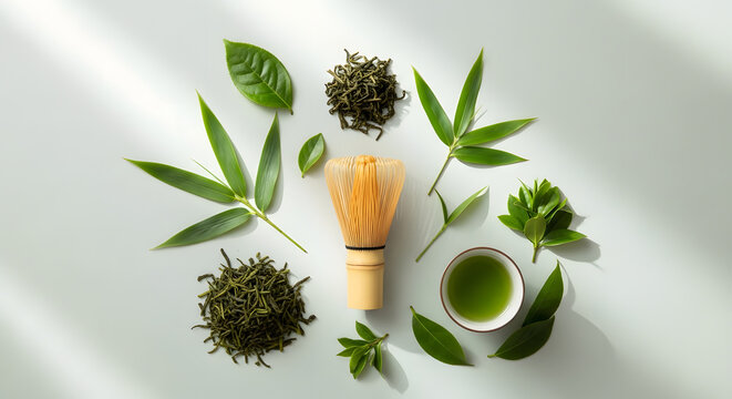 Zen Matcha Tea Ceremony Arrangement with Bamboo Whisk and Fresh Green Leaves