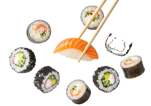 Glistening salmon nigiri held by chopsticks, dynamic falling California and maki sushi rolls with vibrant ingredients, black tobiko, sesame, chives on white background, copy space. Concept of premium