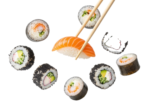 Glistening salmon nigiri held by chopsticks, dynamic falling California and maki sushi rolls with vibrant ingredients, black tobiko, sesame, chives on white background, copy space. Concept of premium
