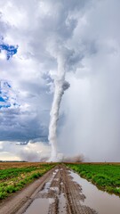 A powerful dust devil swirls intensely across a muddy rural road with green fields under dramatic stormy skies