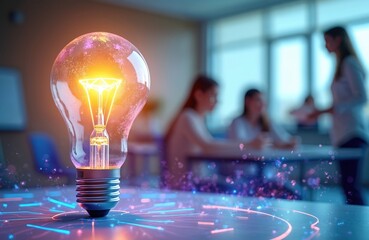Glowing lightbulb with digital lines on desk reflects classroom with students. Education ideas innovation potential bright future learning success knowledge insights creativity inspiration progress.