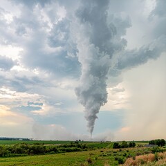 Towering funnel cloud descends from stormy sky over rural landscape with green fields