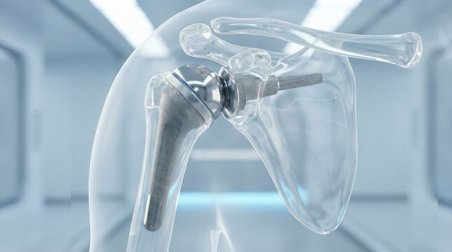 Human Shoulder Joint, a detailed three-dimensional anatomy illustration of a prosthetic implant for injury, pain, and inflammation treatment
