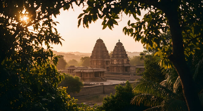 Karnataka Ancient Temple Landscape at Golden Hour