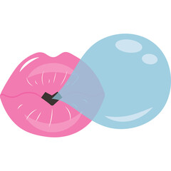 Pink Lips Blowing Blue Bubble Gum With Black Gum Piece and Transparent Background