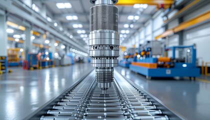Precision automated manufacturing industrial robot arm working on metal components on a conveyor belt in a factory
