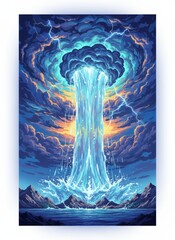 A powerful waterfall crashes into the ocean under a stormy sky with lightning