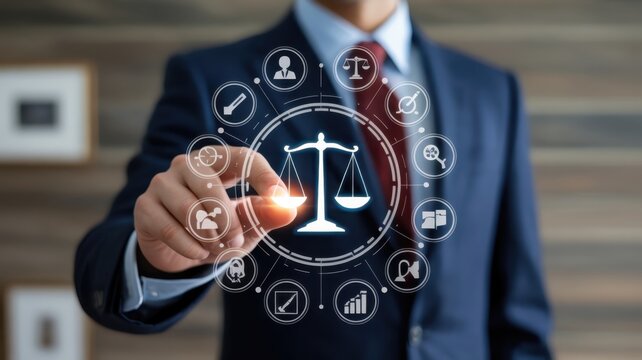 Professional individual interacts with a digital circular interface displaying legal and professional icons centered on a balance scale