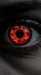 Intense fiery iris reveals a captivating gaze and dark mysterious mood