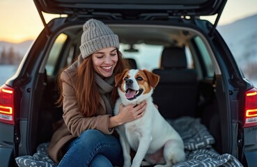 Woman and dog in car trunk. They enjoy winter landscape. Lady smiles with her jack russell in the snowy mountains. Pet owner traveling with her dog together.