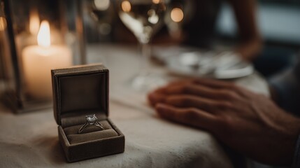 A candlelit dinner setting featuring an open engagement ring box, suggesting romance and a proposal atmosphere.