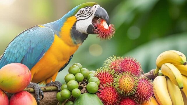 Blue and Gold Macaw parrot luxuriates among a lavish display of tropical fruits