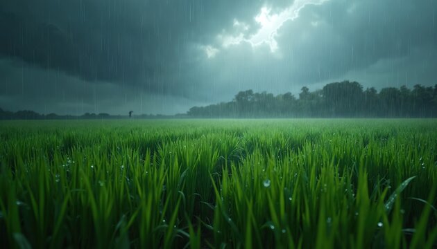 Green field under heavy rain and dark clouds. A lone person with umbrella walks in distance across wet land. Water drops on plants reflect light.
