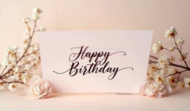 Happy birthday card with floral accents on a light pink background in studio shot 4k video
