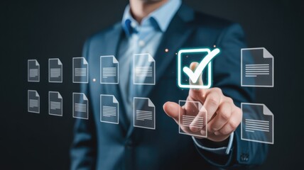Business professional selects an item from a digital display of documents with a glowing checkmark