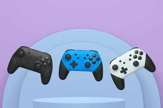 Colorful gaming controllers joystick levitating over podium against abstract background, minimalist concept device on pedestal