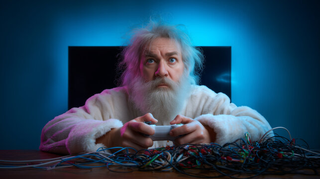 Elderly man with white beard playing video games, surrounded by tangled wires, illuminated by bluish pink neon lights in a modern gaming setup