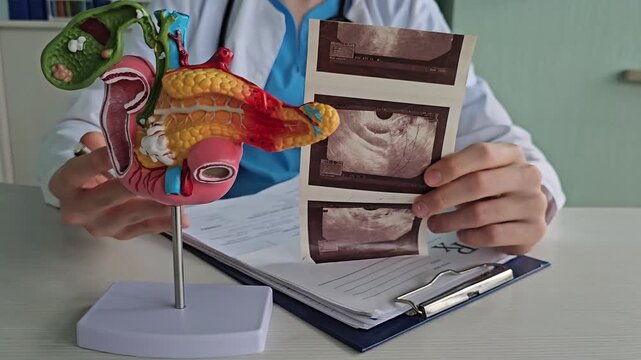 Ultrasound diagnostics of the gallbladder, pancreas, right lobe, liver, bile ducts and abdominal cavity 