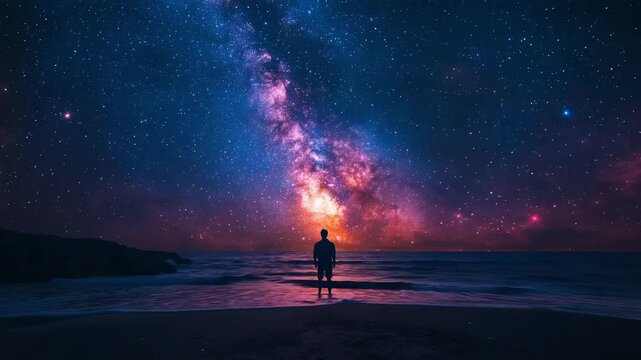 Man stands on beach contemplating vastness of milky way