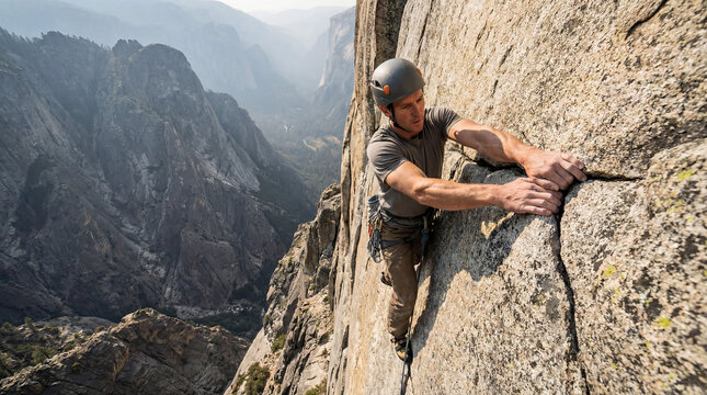 A climber scaling a steep and craggy rock face