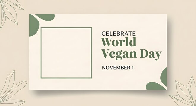 Vegan Day poster with green leaves on beige background - Powered by Adobe