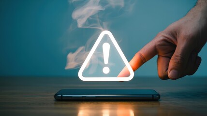 Human finger contacts glowing digital caution symbol hovering over a dark electronic device