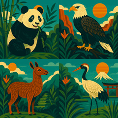 Tropical Wildlife Animal Collection Panda Eagle Deer And Crane Illustration
