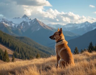 A beautiful dog sits on a hilltop with mountains in background. The canine looks into the distance observing the natural scenery. Nature landscape shows the amazing views of the mountain range.