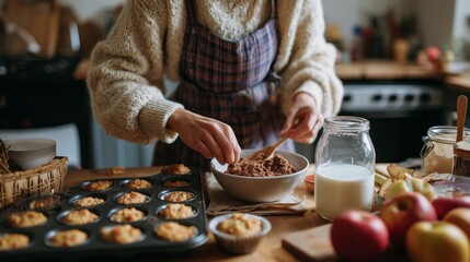A person mixes muffin batter in a cozy kitchen setting, surrounded by fresh apples, baking ingredients, and warm muffins.