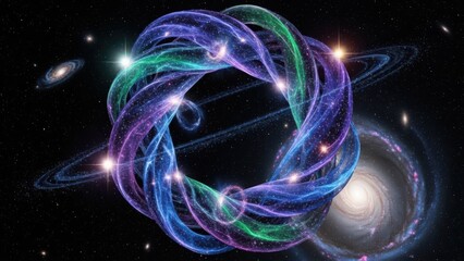 Vibrant cosmic torus with glowing intertwined energy strands, surrounded by distant galaxies, stars, and celestial rings in deep space