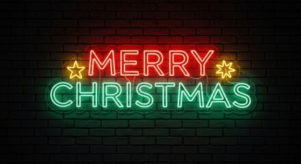 Bright red and green neon merry christmas sign with glowing stars on a dark brick wall background