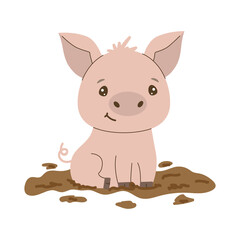 Piglet Sitting in Mud Vector Illustration