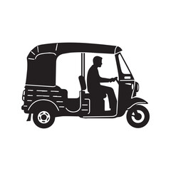 Auto Rickshaw Silhouette Vector Illustration with Driver. Side View of Traditional Asian Tuk Tuk Taxi Transport.
