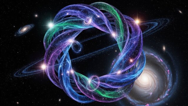 Vibrant cosmic torus with glowing intertwined energy strands, surrounded by distant galaxies, stars, and celestial rings in deep space