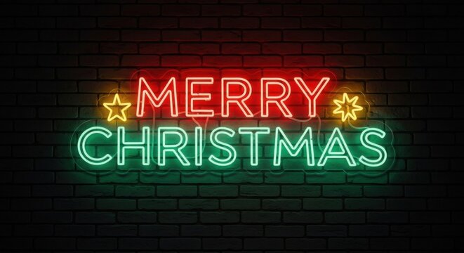 Bright red and green neon merry christmas sign with glowing stars on a dark brick wall background