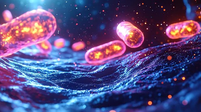 Microscopic Abstract Bacilli Bacteria Cells Glowing Orange And Pink In Dark Blue Digital Organic Wave Surface With Particles Floating