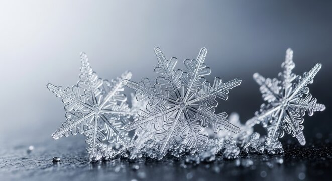 Intricate macro photograph of a cluster of delicate crystalline ice formations resembling snowflakes on a reflective surface