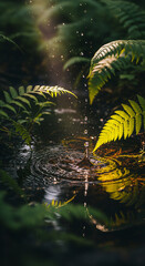 Serene raindrop creates calming ripples in forest pond, tranquil scene