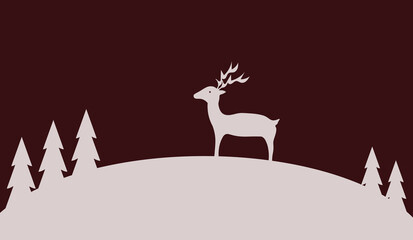 Serene Stag Silhouette: A minimalist illustration of a stag stands proudly amidst snow-covered evergreen trees, set against a rich, inviting background, evoking a sense of calm and winter tranquility.