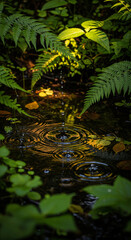 Serene raindrop creates calming ripples in forest pond, tranquil scene